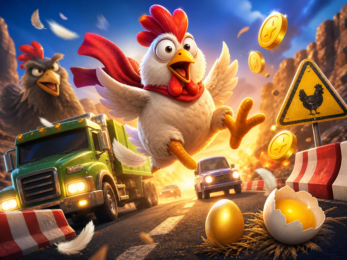 Playful chicken character crossing a lively road in a vibrant slot game theme with traffic lanes, feathers, and eggs.