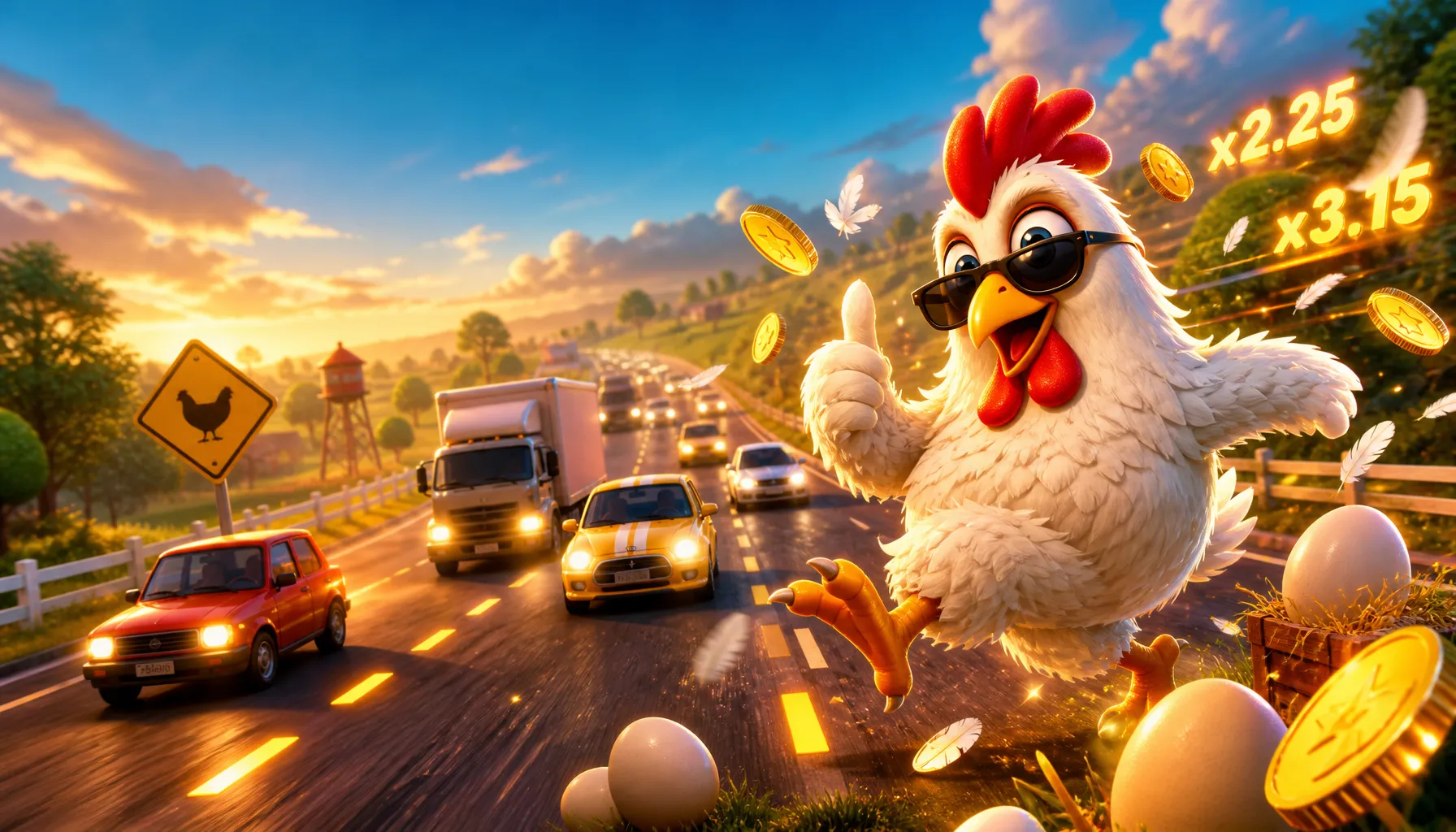 3D chicken mascot confidently crossing a colorful, vibrant road with obstacles and coins in a dynamic arcade game environment