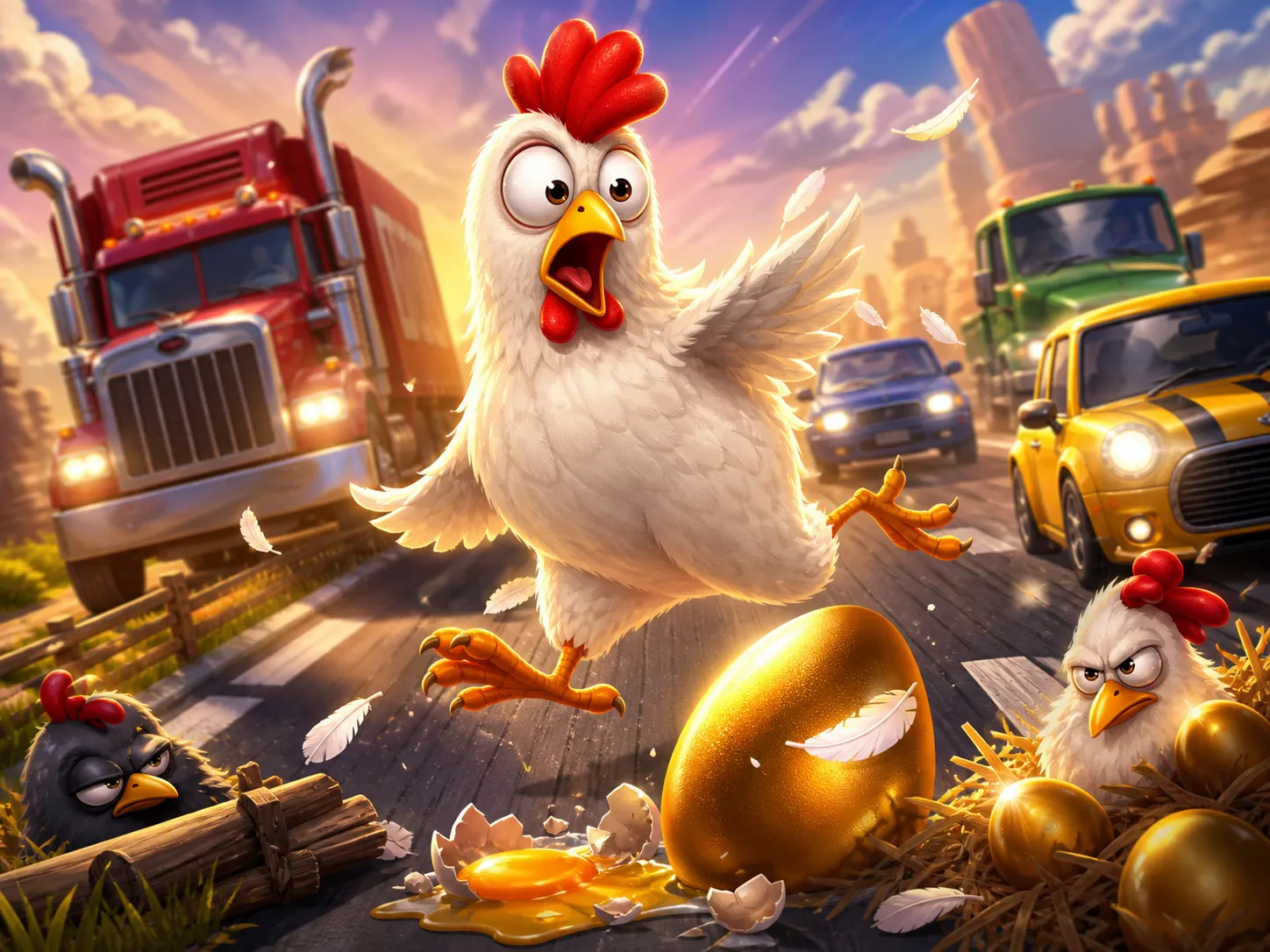 Chicken Road slot game with a funny chicken character crossing a road, surrounded by traffic lanes, eggs, and playful slot ga